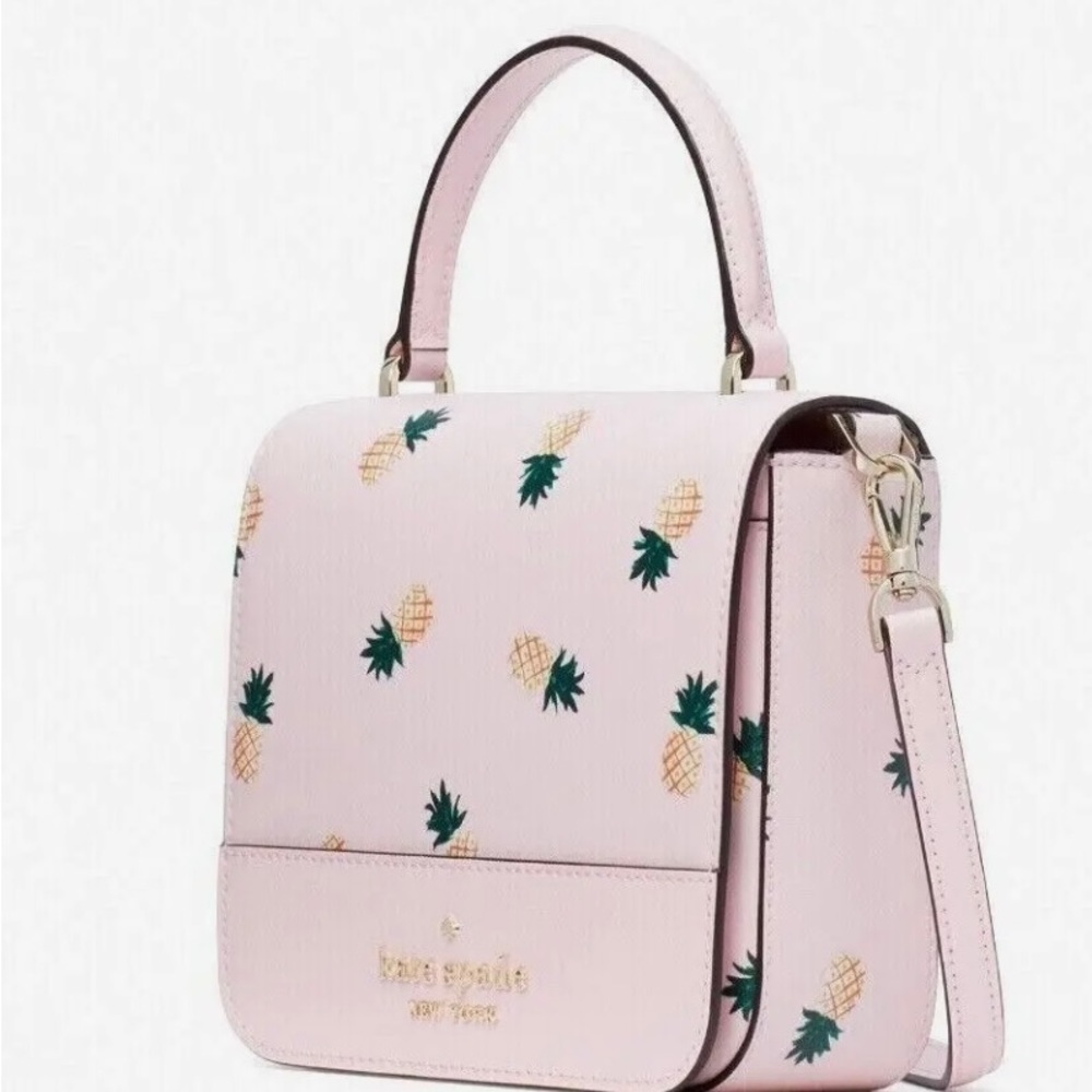New Kate Spade Staci Square Pineapple Print Crossbody Pink Multi with Gold tone